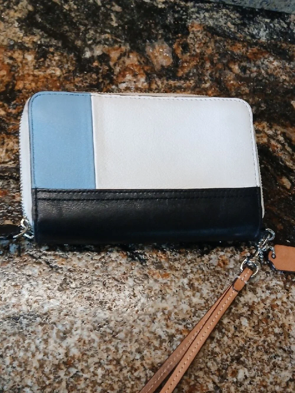 COACH Colorblock Zip Wristlet in White, Light Blue & Black